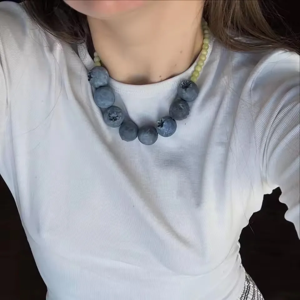Vintage Fruit Charm Necklace Blueberry Beaded Chain Stackable Multi Layer Choker Cute Jewelry For Women Daily Party Accessory