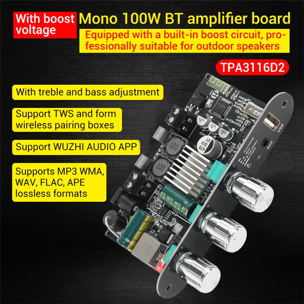 

DC 9-24V Mono 100W Bluetooth Amplifier Module Supports APP Single Channel Amplifier Chip Female Socket 5.5 * 2.1 Interface