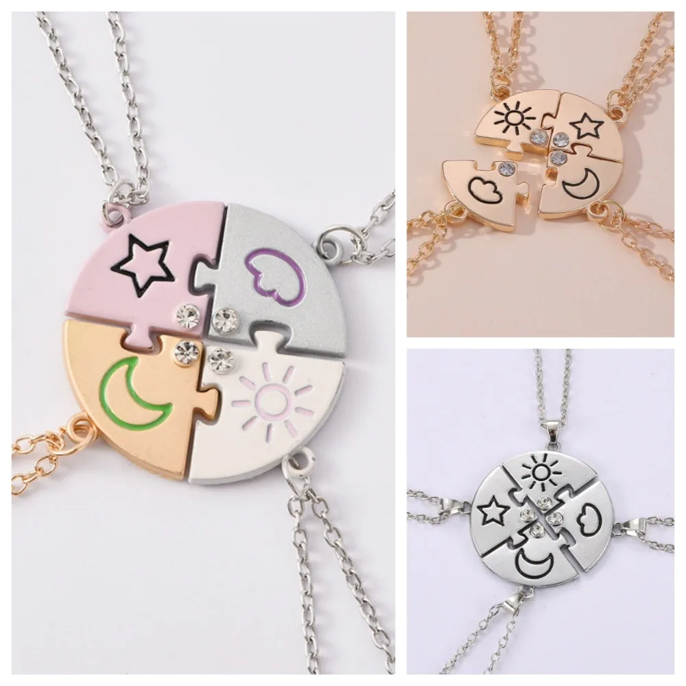 4pcs/set Rhinestone Best Friends Forever Necklace Jewelry Set Necklace Combination Jigsaw BFF Necklace Splicing Colorful