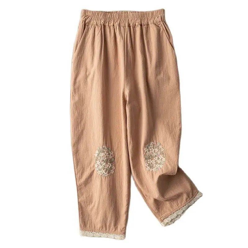 

Cotton and Linen Embroidered Casual Pants Women's Summer New Fashion Literary Retro Loose Lace Lace Nine-point Harem Pants 2023