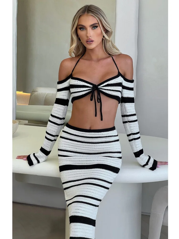 Articat Sexy Knitted Sweater Women Set 2024 New Striped Long Sleeved Hanging Collar Skirt Two-piece Set Party Vacation Beachwear