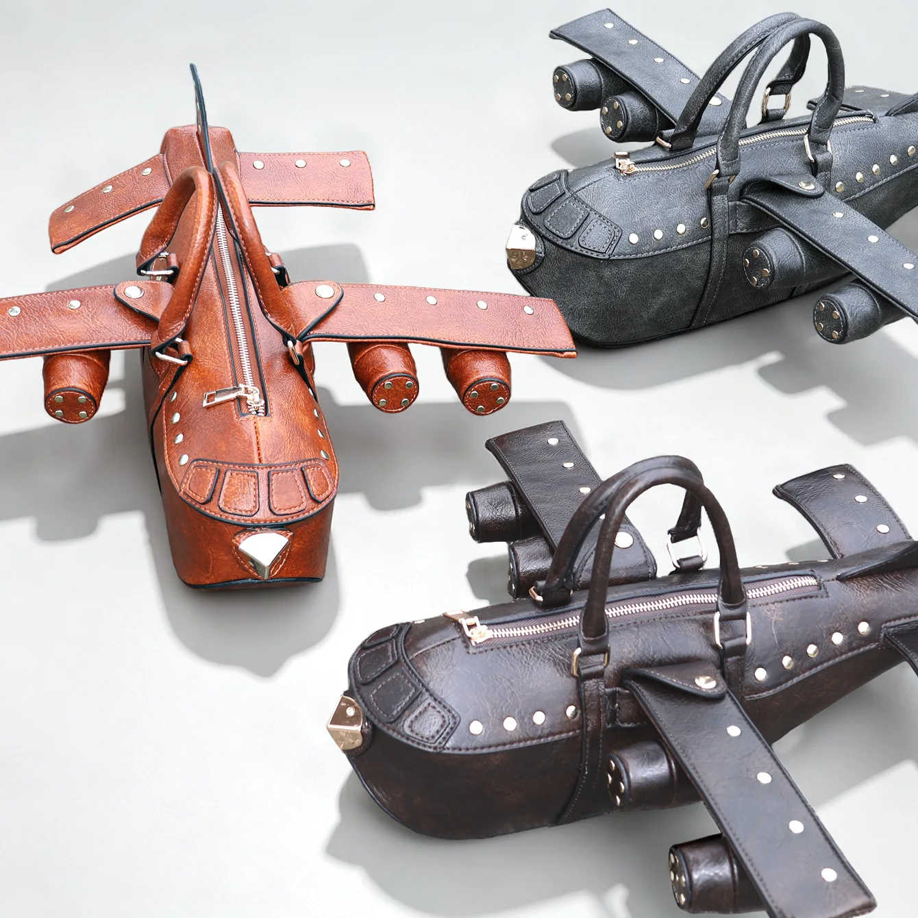 Retro Aircraft Shaped Irregular Bag Personalized Airplane Shape Handbag Unisex Rivet Hardware Retro Versatile PU Shoulder Bag