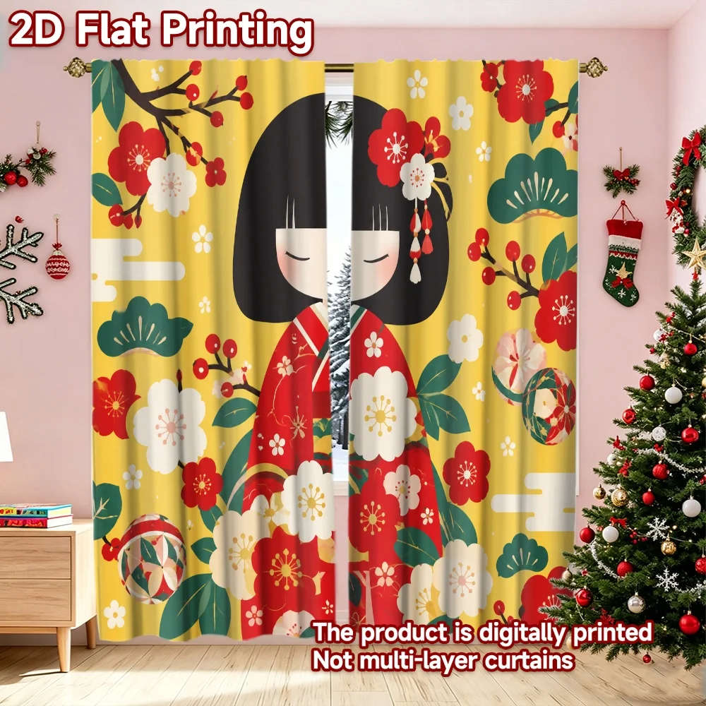 2D flat printing 2pcs Fashionable Christmas Curtains Japanese Kimono Doll Durable polyester fiber Birthday Party Perfect for New
