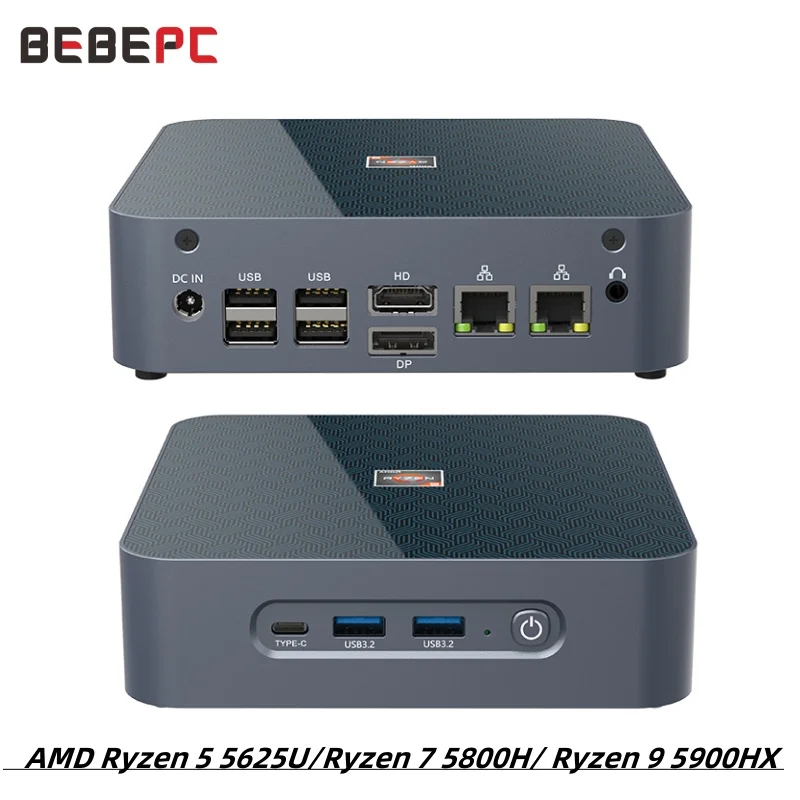 BEBEPC كمبيوتر صغير للألعاب 2 * LAN HD DP AMD Ryzen 5 5625U R75800H R9 5900HX WIFI6 BT 2.4G 4K DDR4 MVNE SSD ubuntu Linux فك التشفير