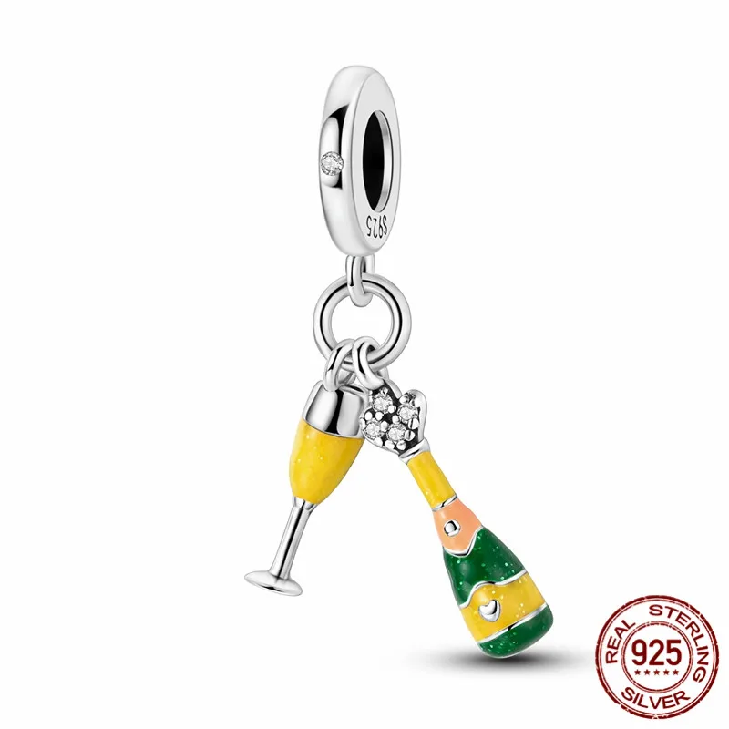 

925 Sterling Silver Champagne Flute Charm Bead, suitable for DIY bracelets and original jewelry gifts for women.