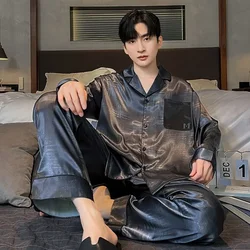 Small Lapel Cool Home Suit Set Summer Students Young Men's Pajamas Spring and Autumn High-grade Ice Silk Long Sleeve