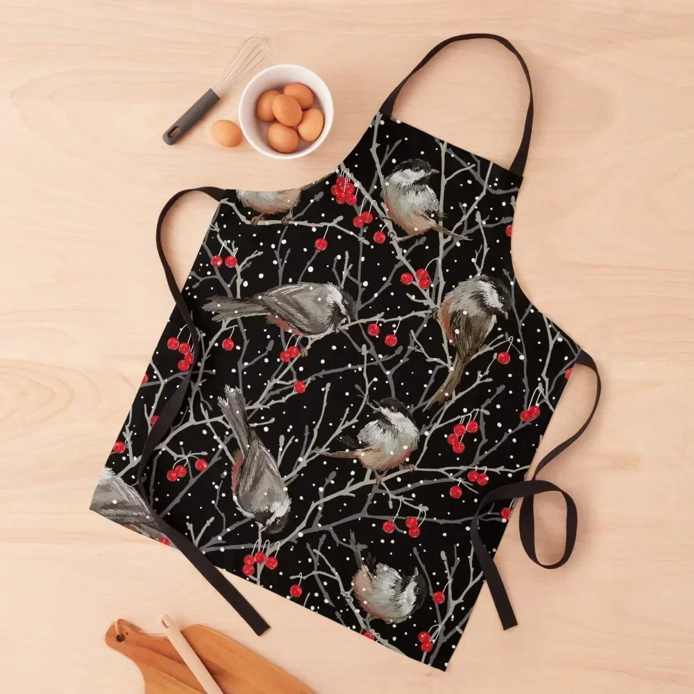 

Winter Chickadees in the Snow | Black Red White Gray Apron Home Supplies Professional Barber professional kitchen Apron