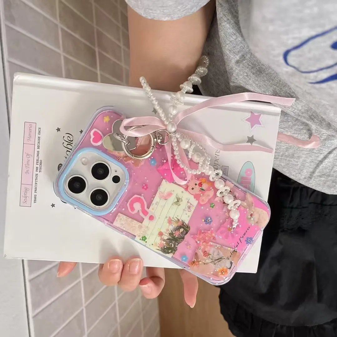 

Cute pink rabbit iPhone case suitable for Apple 16/15/14/13 series With bow-shaped chain, all-inclusive cute style mobile phone