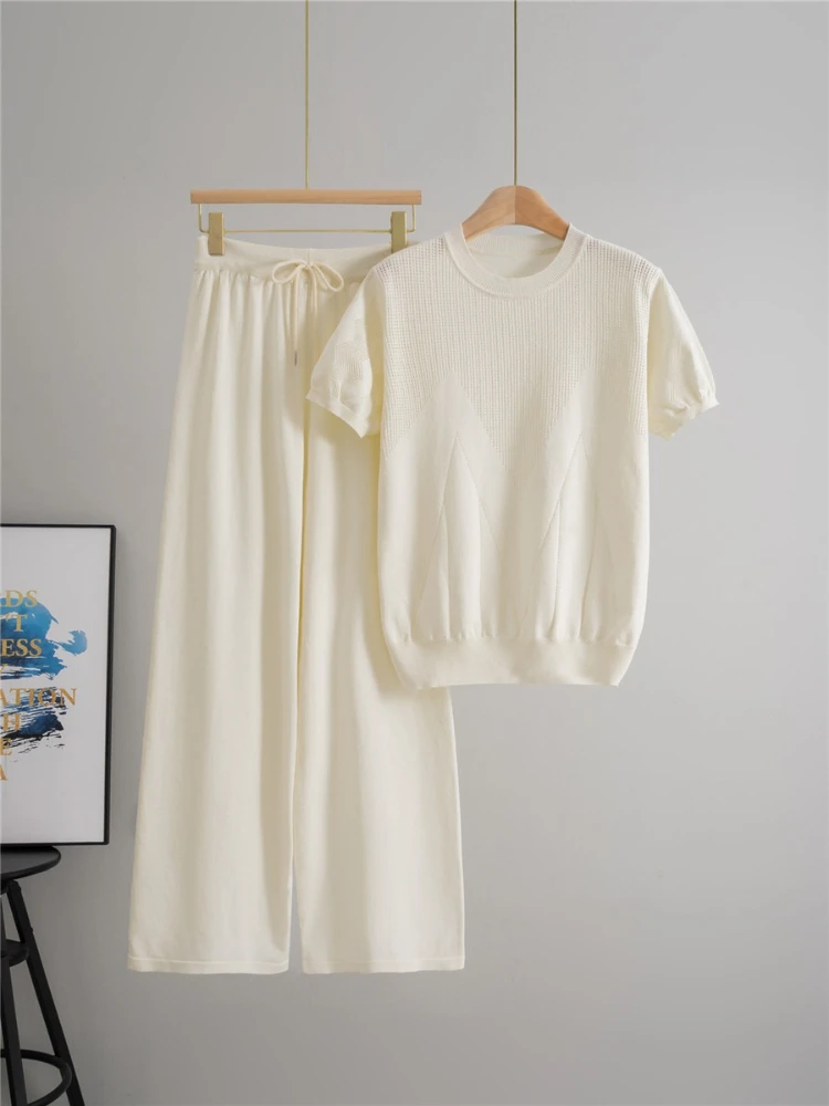 

European style women summer casual fashion solid color hollow short sleeved loose top wide leg pants knitted two-piece set