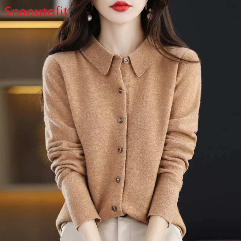 100% Merino Wool Cardigan Women\'s POLO Neck Knit Sweater Spring/Autumn Commuting Loose Top Soft Cashmere Sweater Office Formal