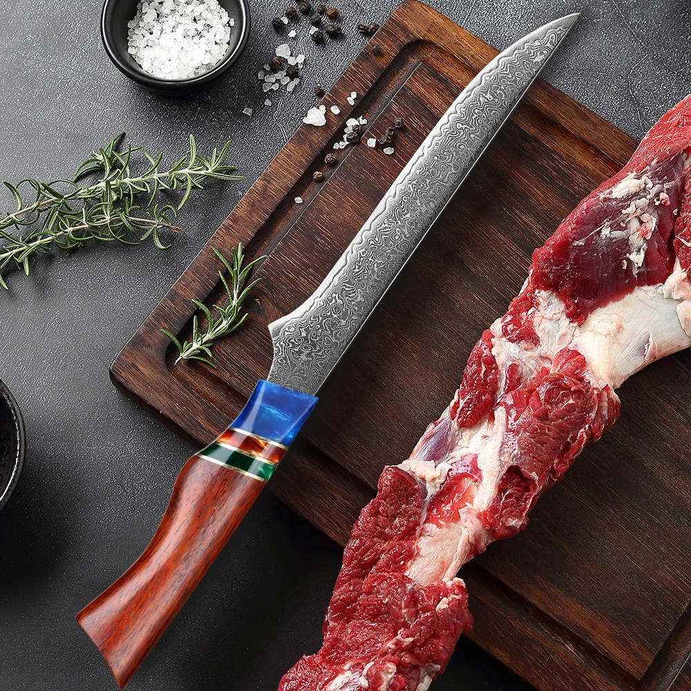 Coltello per disossare giapponese Coltello per filetto in acciaio di Damasco da 6 pollici Mannaia da cucina con lama flessibile affilata per pesce, pollame, pollo, carne tagliata