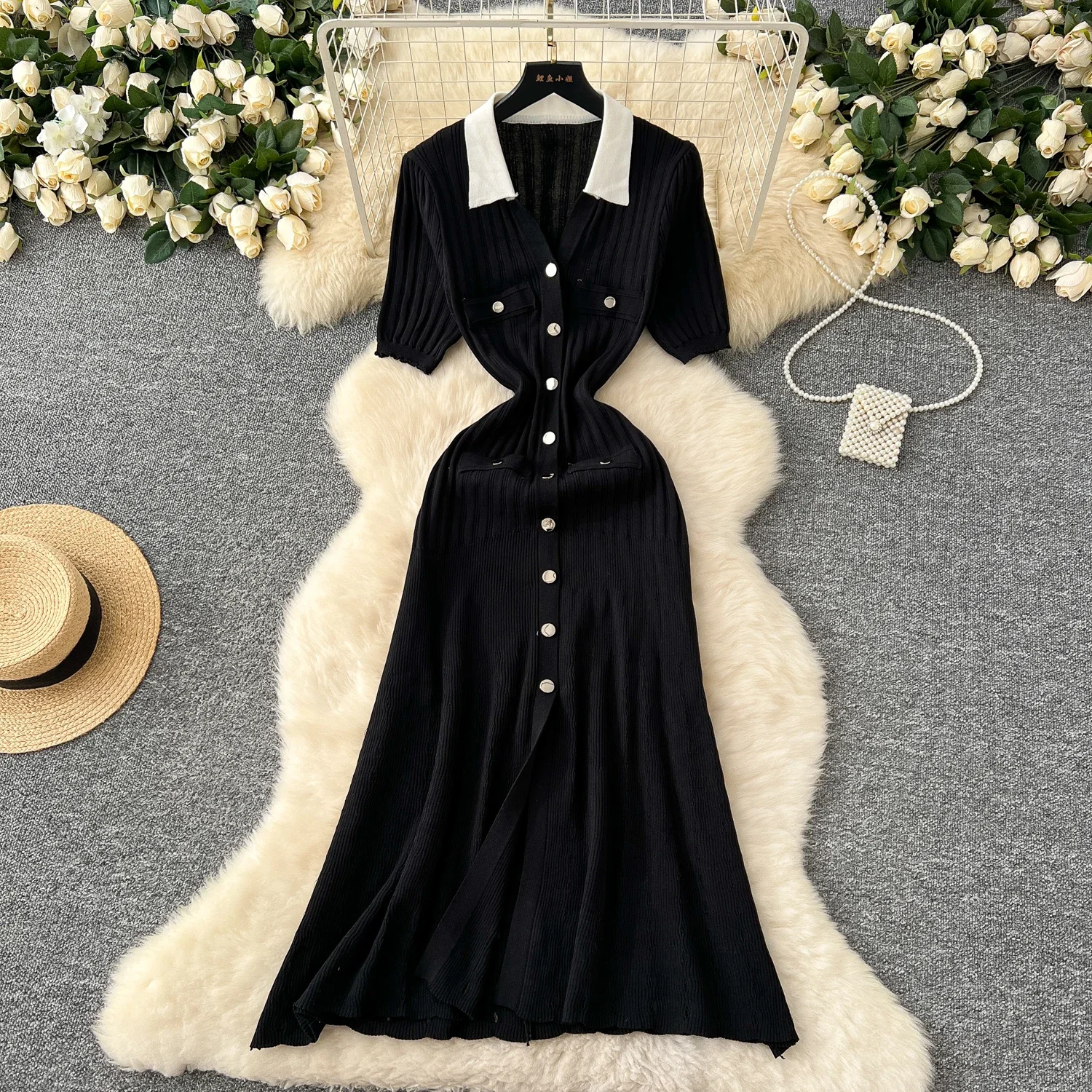Elegant Turn-down Collar Vintage Long Sleeves Chic Patchwork Single Breasted Slim Knit Dress French Evening High Street Clothing