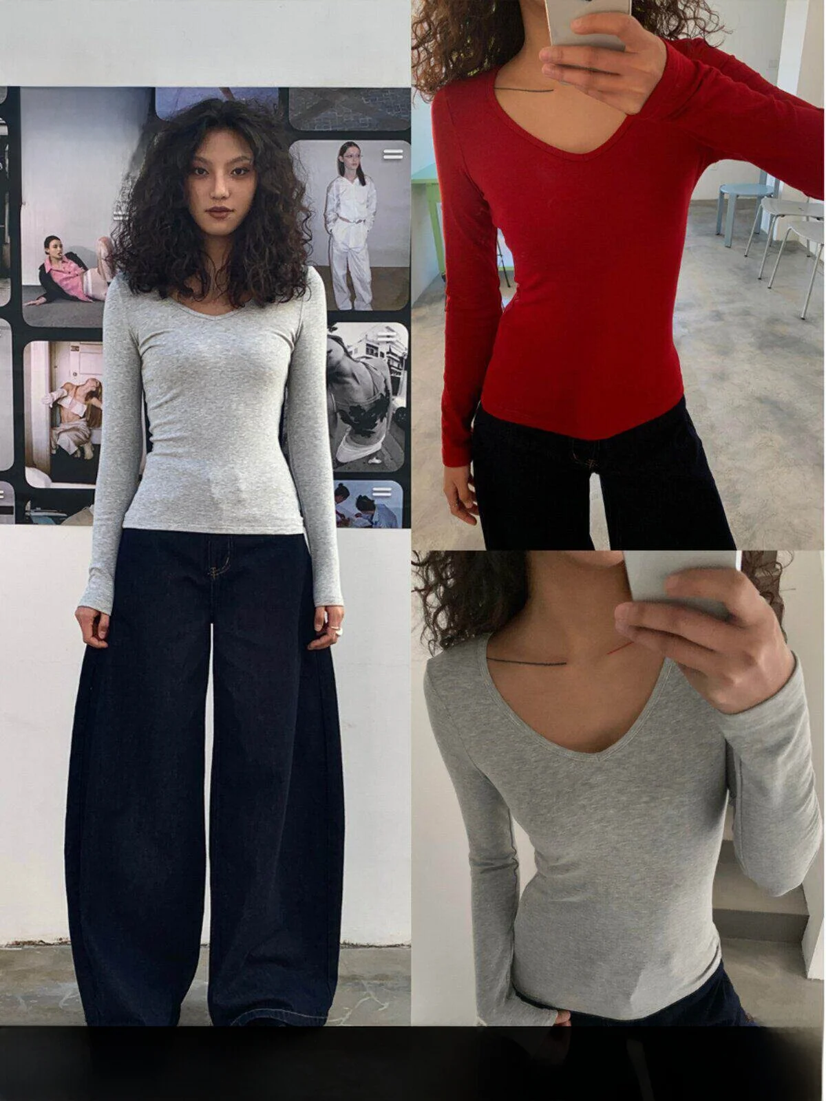 Gogo Burn Red V-neck Long Sleeve Slim Fit Short T-shirt Women's Base Shirt Shoulder Width Regular Thickness Spring Autumn