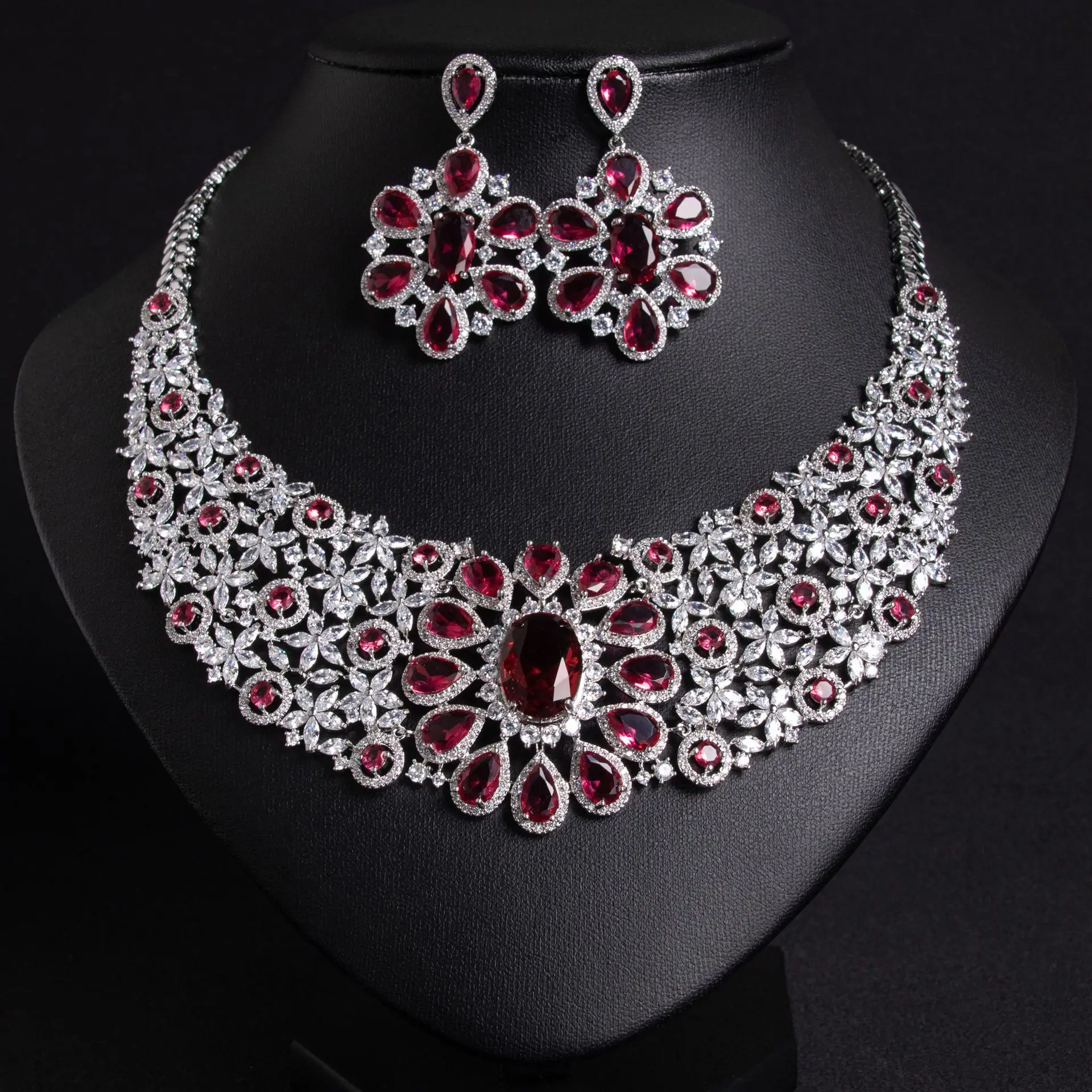 HIBRIDE New Ladies Zirconia Jewellery Set Exaggerated Vintage Flower Necklace Earrings Set Summer Event Prom Wedding Party S-612
