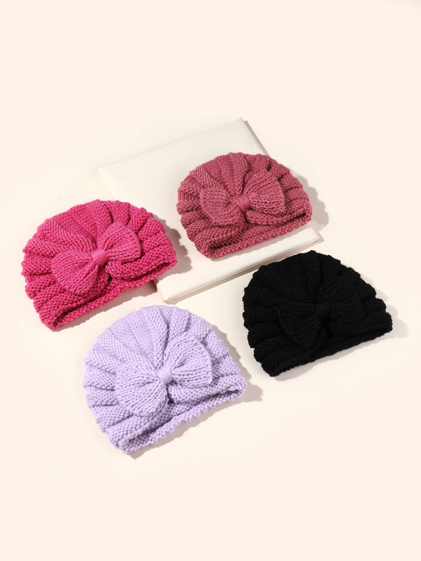 4pcs Bow Knit Baby Hat Girls Boys Elastic Bonnet Autumn Winter Warm Turban Hats Solid Color Woolen Cap Kids Accessories