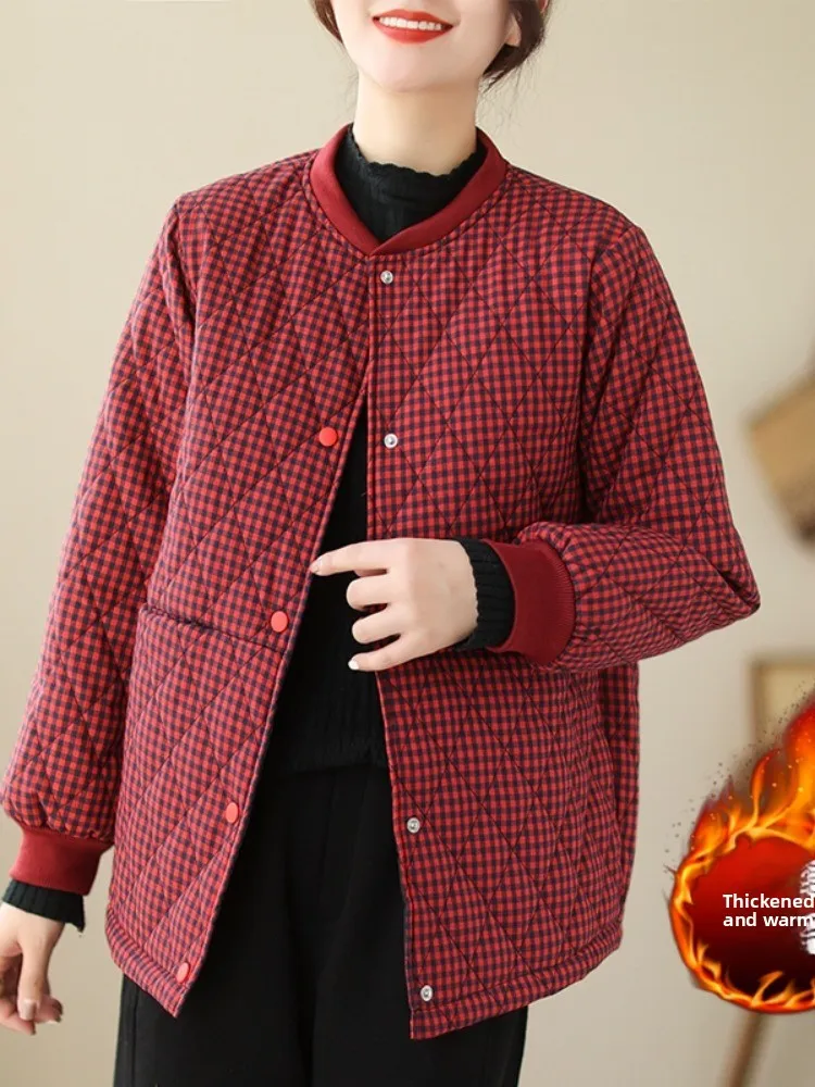 

Женская зимняя свободная утепленная хлопковая куртка в стиле ретро с мелким клетчатым узором, на пуговицах, с длинными рукавами и воротником-стойкой