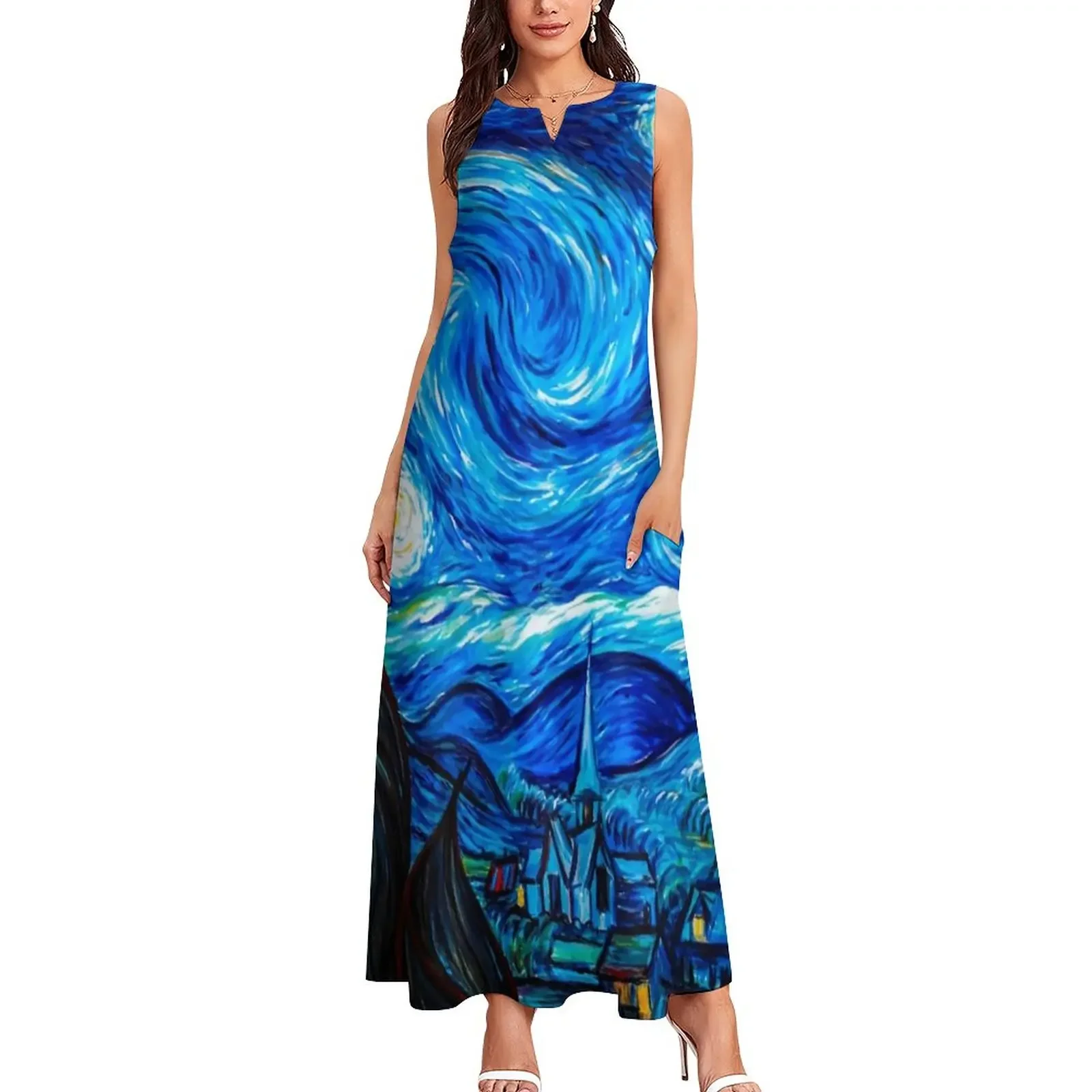 Robe Women Dress Starry Night Gifts Modern Maxi Dress Fashion Bohemia Sleeveless Long Dress Female V-Neck Pattern Summer Vestido