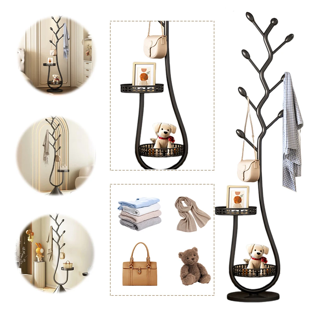 رف معطف معدني شجرة معطف من الفولاذ الكربوني مع صينية تخزين لتوفير المساحة ورف تخزين متعدد الوظائف شديد التحمل للمكتب المنزلي #2