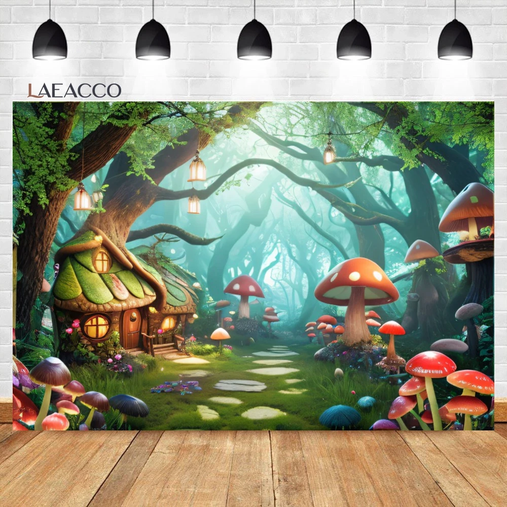 Laeacco Spring Enchanted Forest Backdrop Fairy Garden Tale Mushroom House Butterfly Kid Birthday Portrait Photography Background