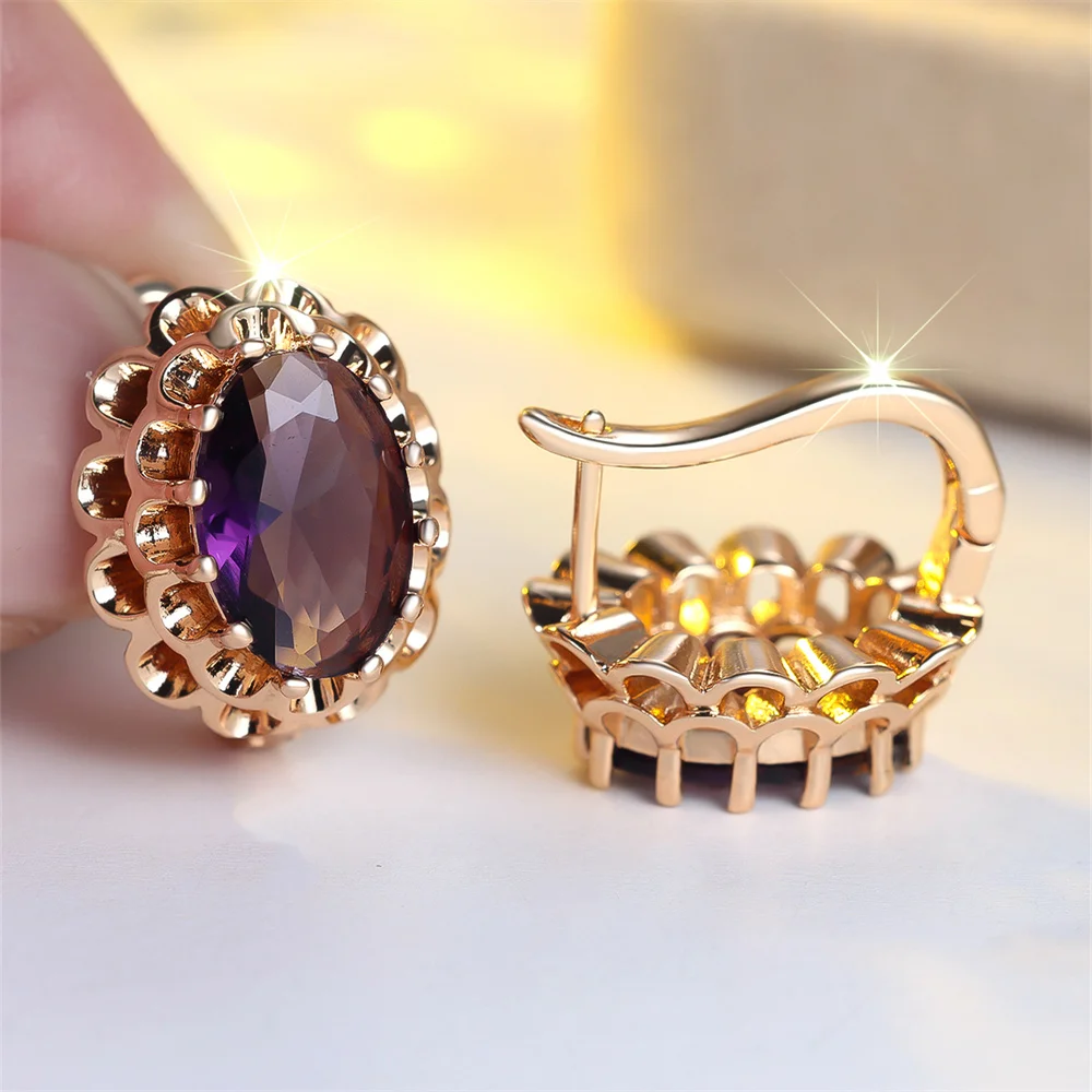 Nette Blume Lila Zirkon Oval Stein Creolen Für Frauen Vintage Gold Farbe Ohr Schnalle Hochzeit Schmuck Vielseitige Geschenke