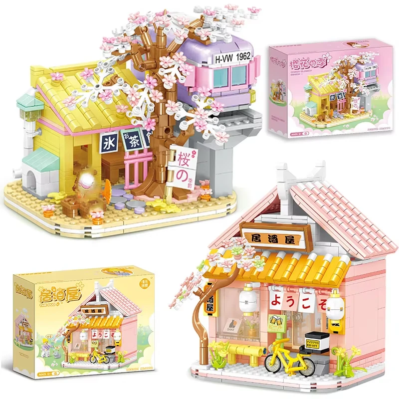 

Creative Street View Izakaya Sakura House Model Building Blocks City Cherry Blossom Hut Bricks With Figure Toys Kids Xmas Gifts