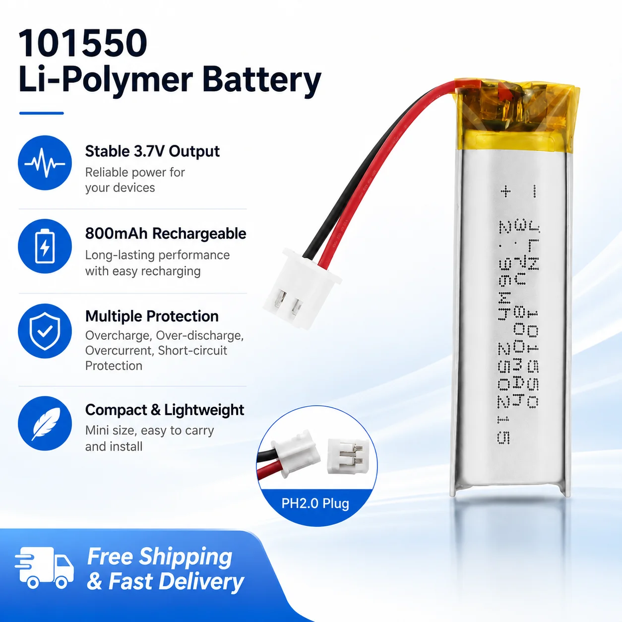 3.7V 800mAh Rechargeable Li-Po Battery 101550 with PH2.0 Connector for LED Lights Toys Audio Devices Replacement Battery - view 3