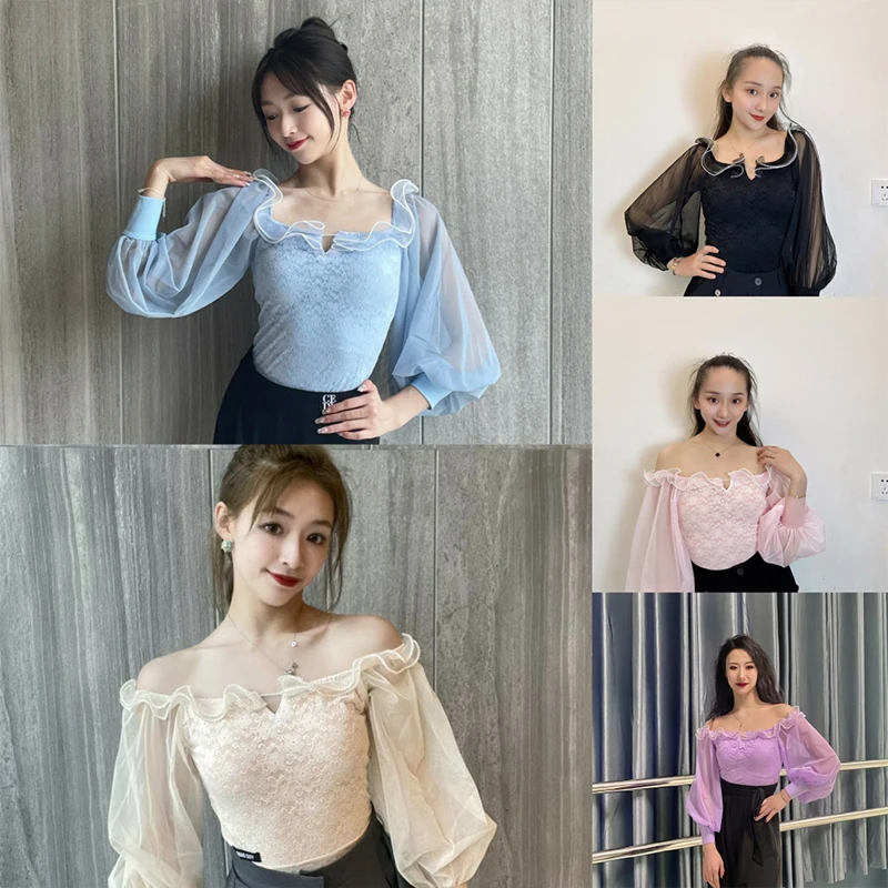 Ballroom Dance Clothes Women Fairy Lace Puff Sleeves Tops Adult Latin Dance Practice Wear Rumba Performance Clothing DNV18731