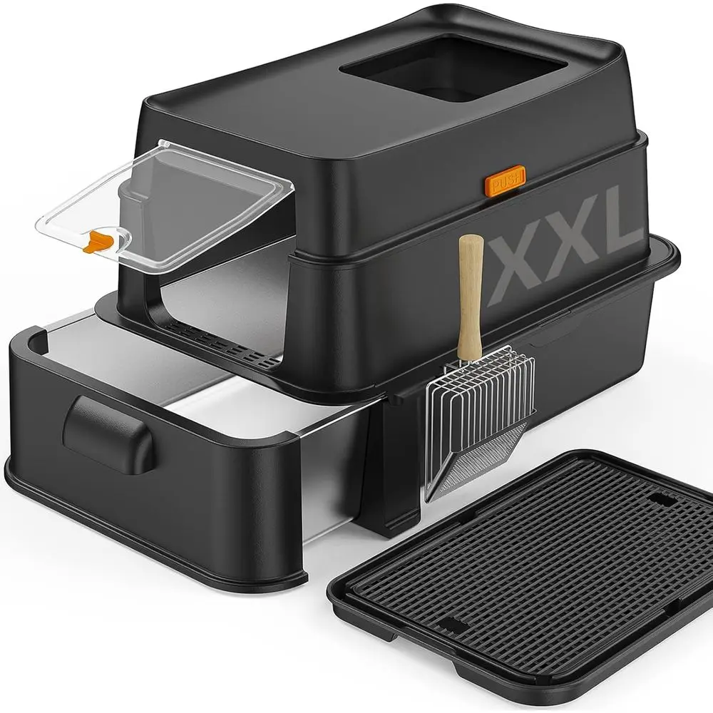 

HTii-ëXXL StainlSteel Cat Litter Box with Der, Extra Large Box or Cats, Enclosed Metal Kitty Litter Box with Litter Scooper, Odo