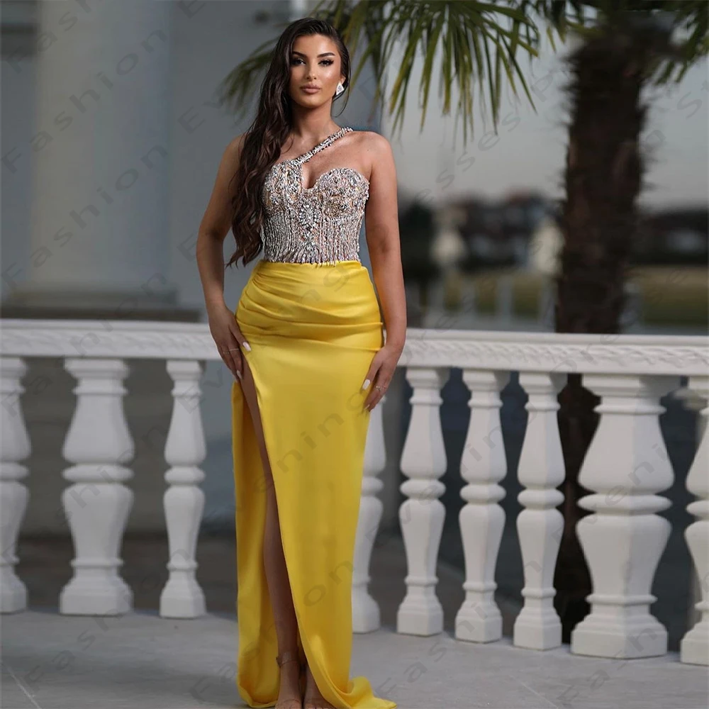 Fashion Sexy Elegant Evening Dresses Beautiful Off The Shoulder Sleeveless High Slit Fashion Beading Simple Mopping Prom Gowns