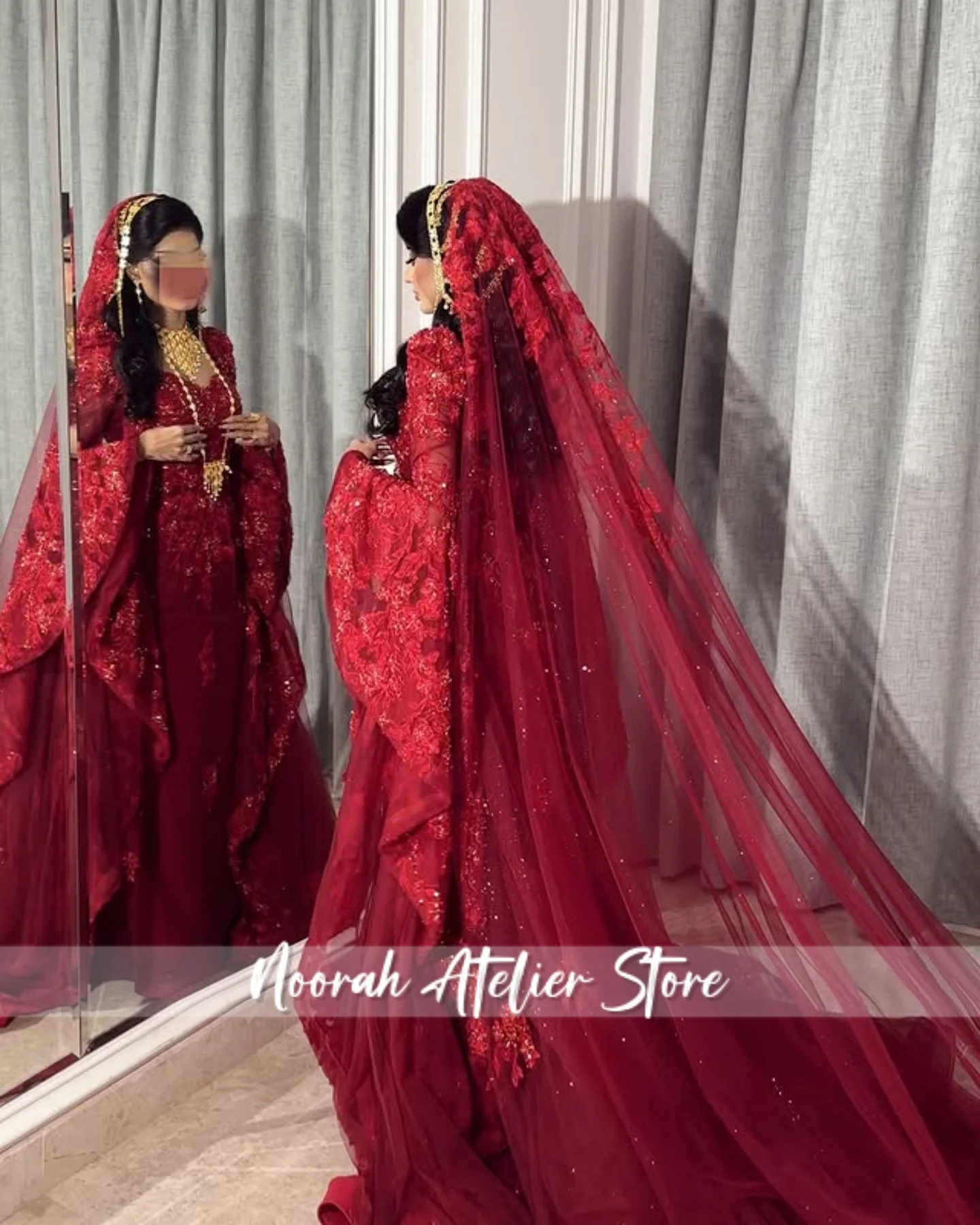 فساتين زفاف نسائية فاخرة بأكمام طويلة مزينة باللون الأحمر في دبي 2025 ذيل فيستدو دي نويفا تول رداء دي ماري مخصص #2