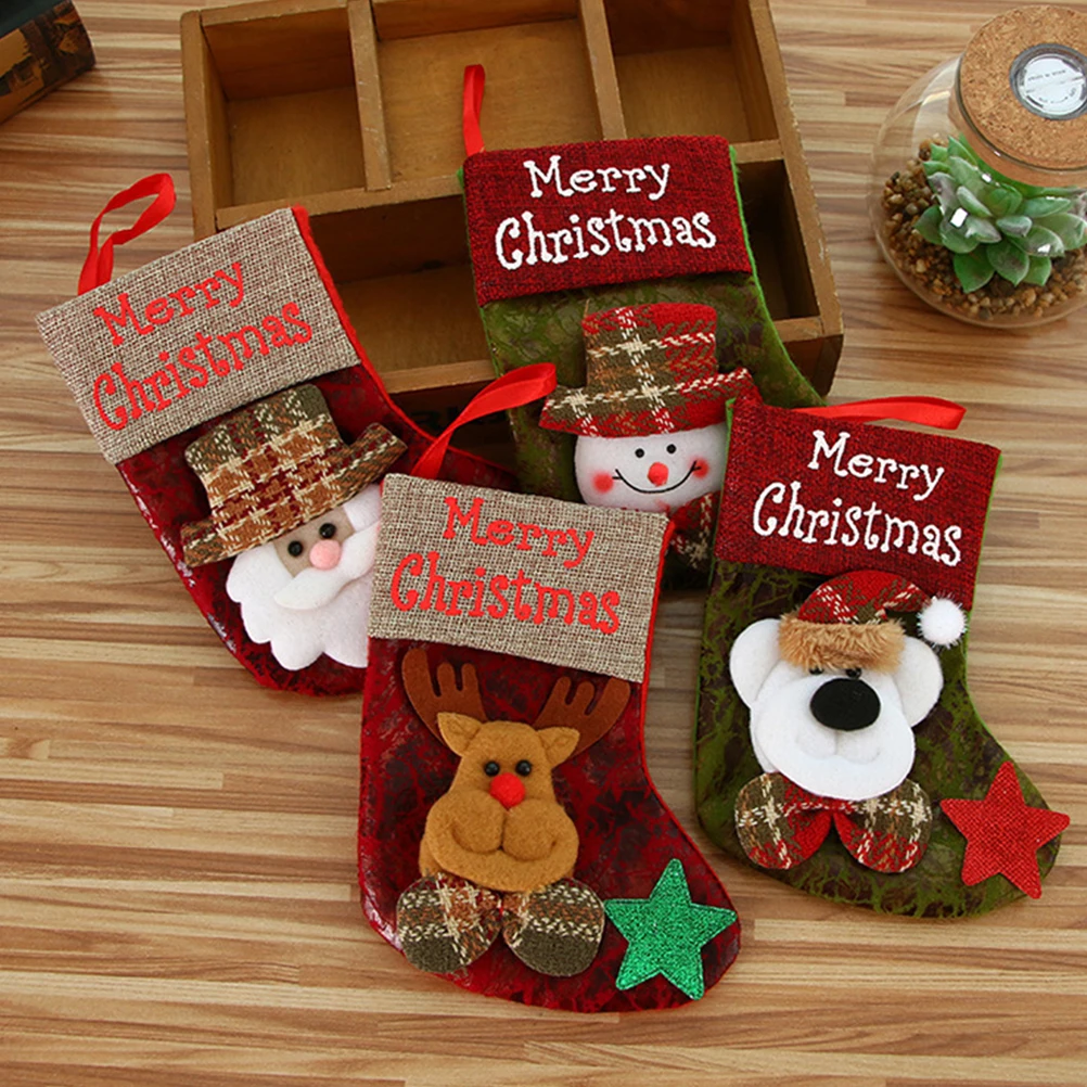 

4 Pcs Christmas Stockings Decorative Sock Bags for Tree Fireplace Wall Window Gifts Xmas Home Office School Cafe Hotel