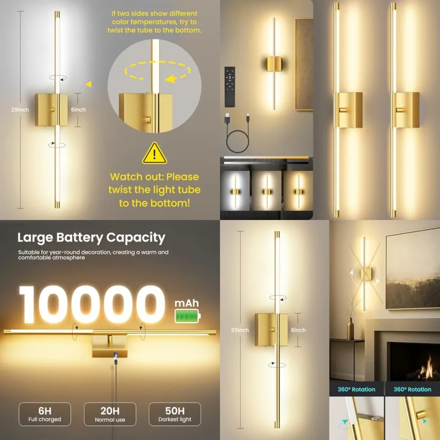 

Battery Operated Wall Sconces Set of Two, 10000mAh Rechargeable Wall Lights with Remote Control, 360° Rotate Dimmable LED Cordl