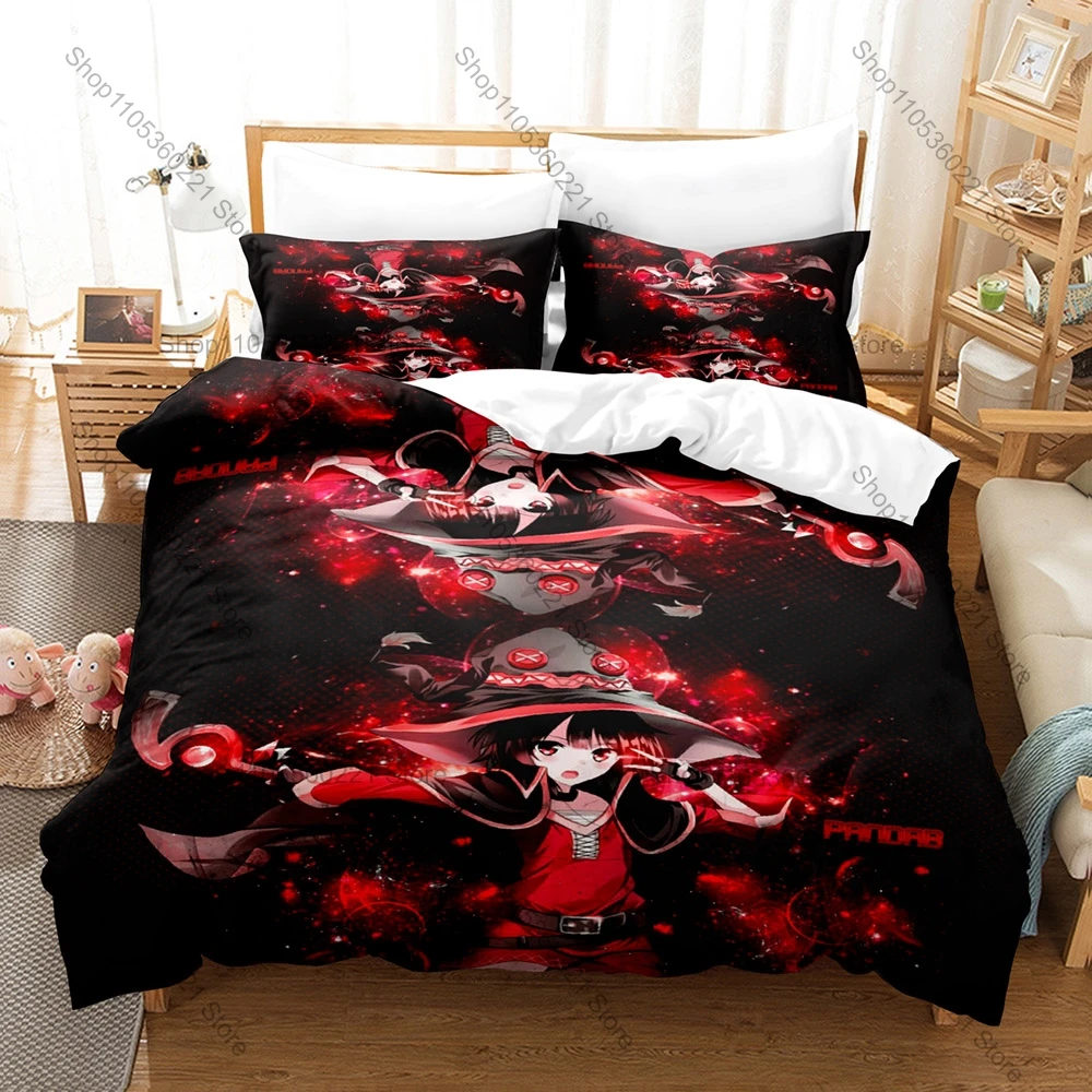 

Megumin Konosuba Duvet Cover + 2 Pillowcases Kazuma Aqua Darkness Collage Print Soft Quilt Cover Set New Anime Bedroom Decor