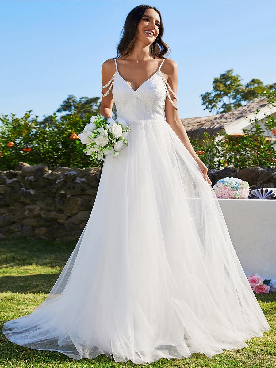 

Beshinel Customized White Deep V-neck Spaghetti Straps Wedding Dresses Sleeveless Elegant Floor Length Bridal Gowns 2025