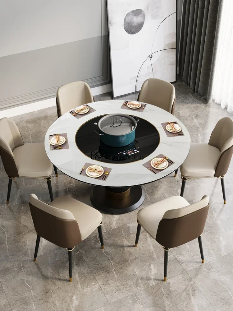 

Slate dining table high-end small apartment multi-function inlaid turntable induction cooker round