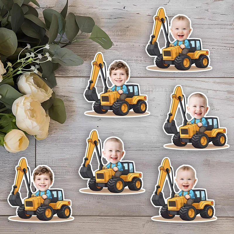 20pcs Personalized Construction With Face Paper Sticker Customized Excavator Stickers Kids Birthday Sealing Labels Party Supply