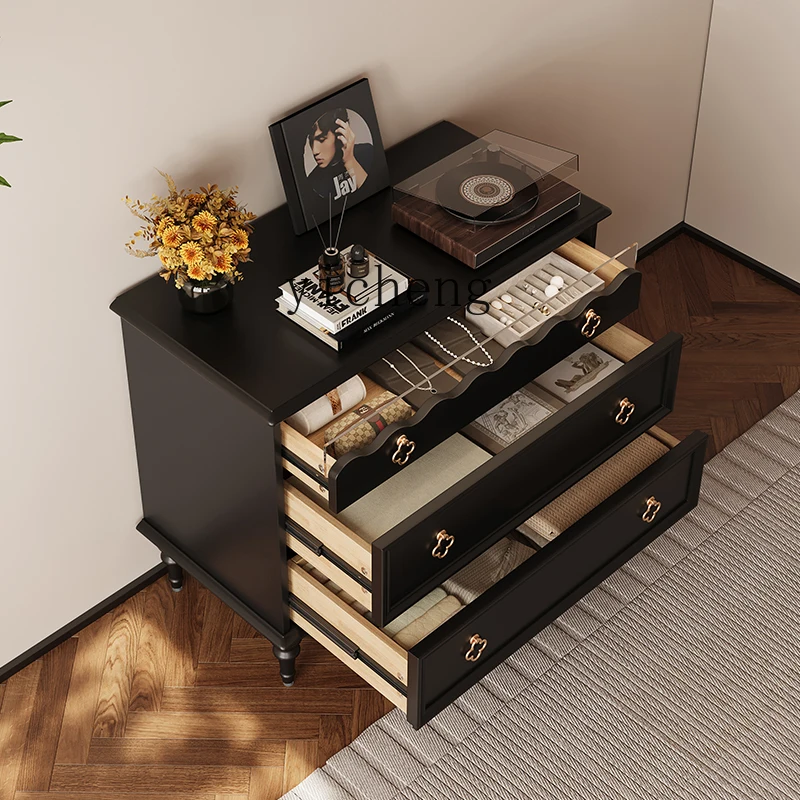 H9- retro solid wood three-bucket cabinet bedroom large-capacity storage locker household living room storage sofa side cabinet