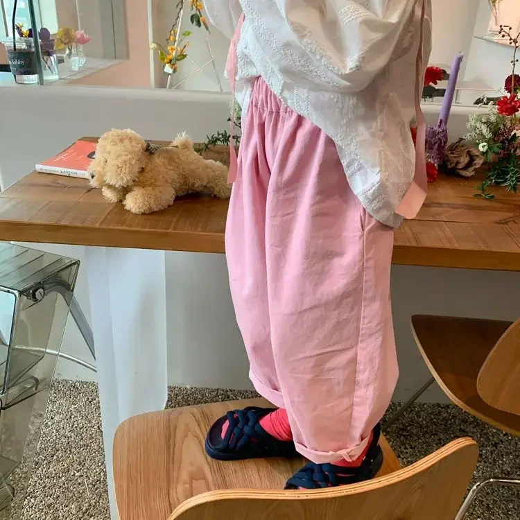 Pantalones rectos rosas para niñas, mallas informales versátiles de pierna ancha, ropa para niños, otoño