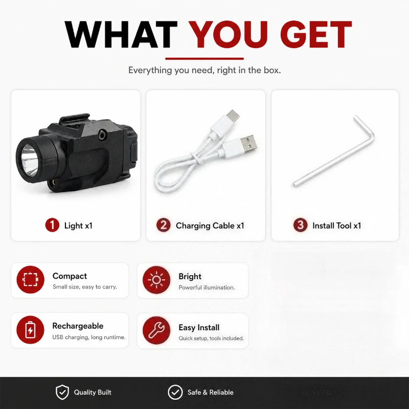 USB Rechargeable 800LM Under Mount Light with Red Laser Fit 20mm Rail Hobby Model Accessory