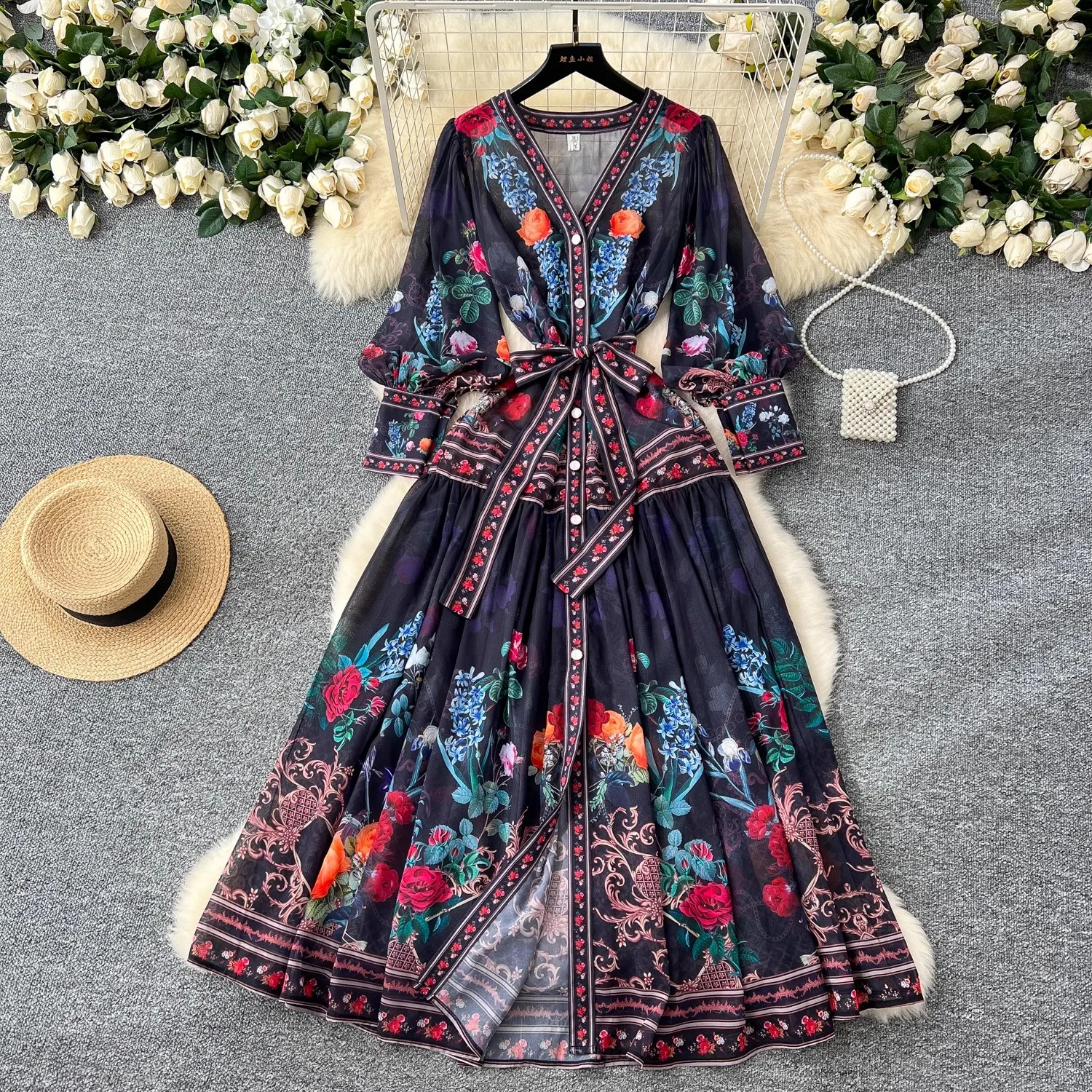 2025 Spring Summer Gorgeous Floral Print Chiffon Boho Dress Women V Neck Single Breasted Lace Up Belt Long Party Robe Clothing
