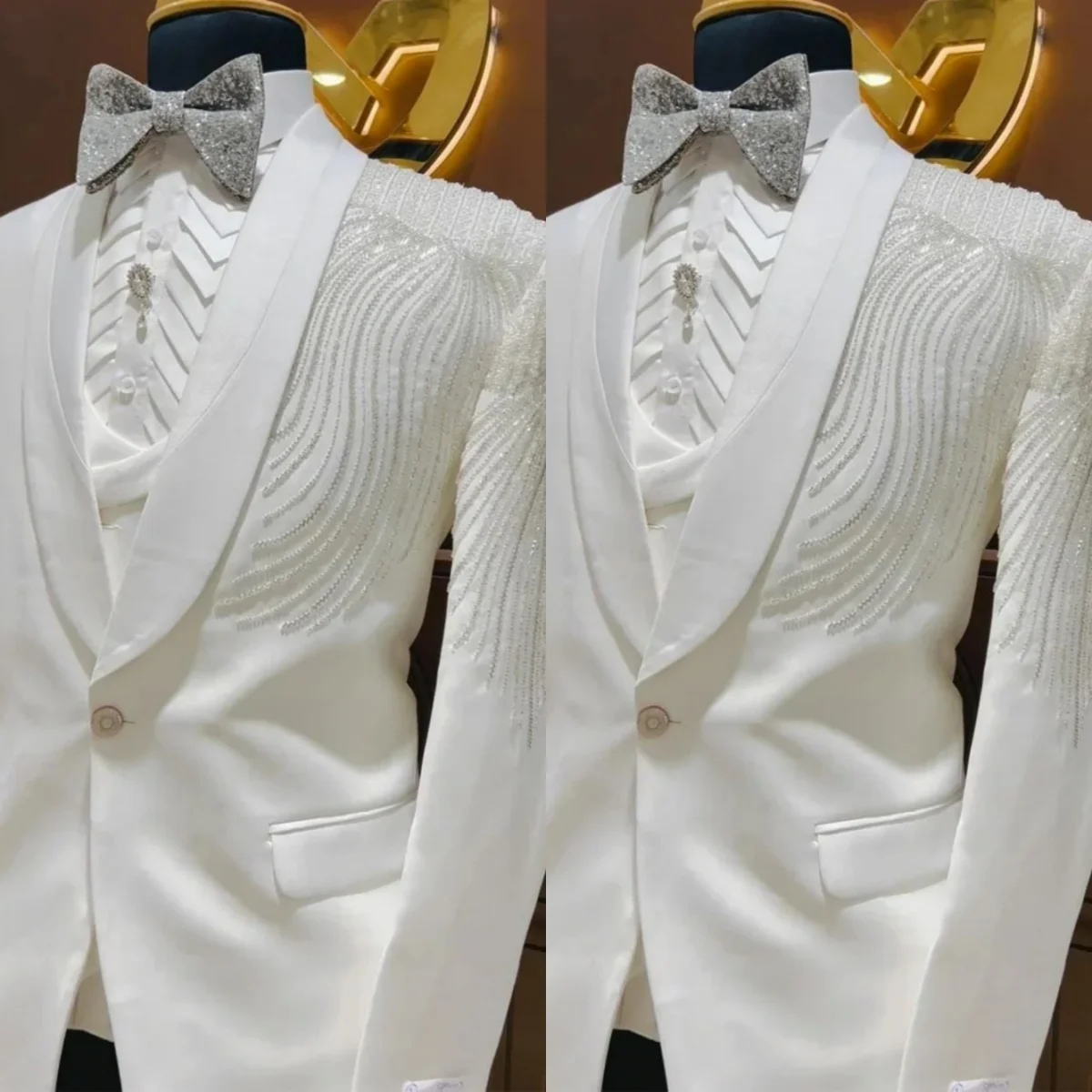Gentleman Wedding Tuxedos Handmade Beaded Jacket Slim Fit Men Suit Casual Single Breasted Groom Evening Blazers Customized