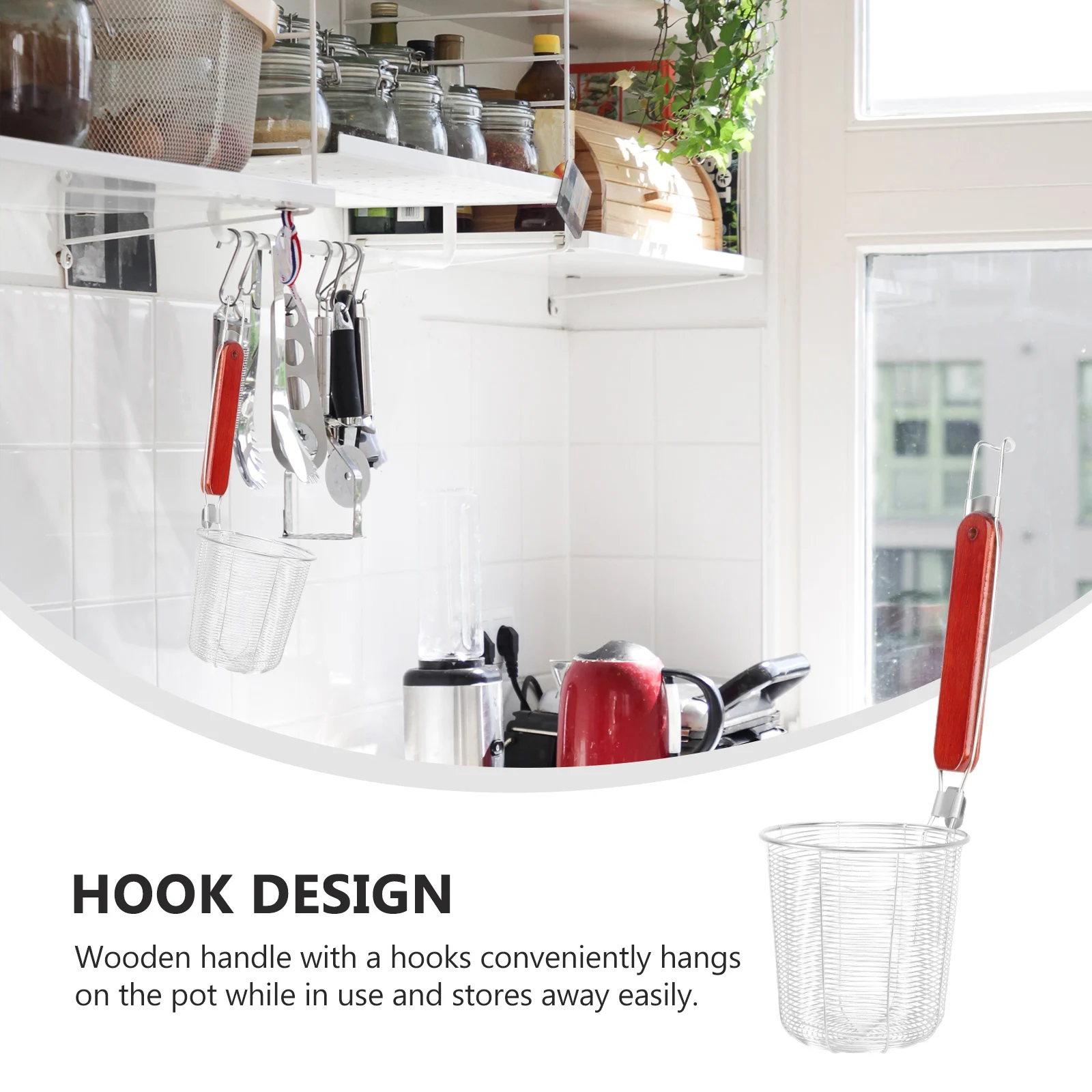 

Stainless Steel Strainer Basket 12.5cm Wooden Handle Kitchen Wire Mesh Food Skimmer Pasta Dumpling Noodle Sieve Kitchen Tool