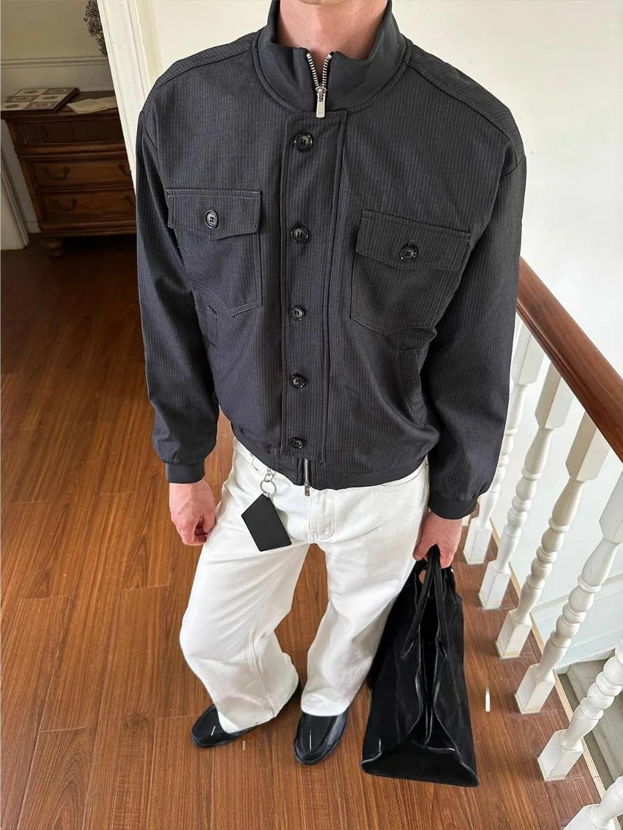 

Осенне-зимняя повседневная универсальная тонкая куртка на молнии с высоким воротником для мужчин и женщин, EME 25, с полосатым декором, свободного кроя, для подростков