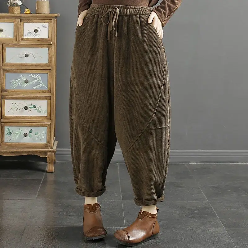 

Вельветовые брюки-харун с эластичной резинкой на талии, свободные простые брюки-харун, весна-осень, новые универсальные повседневные спортивные брюки, модная тенденция, женская одежда