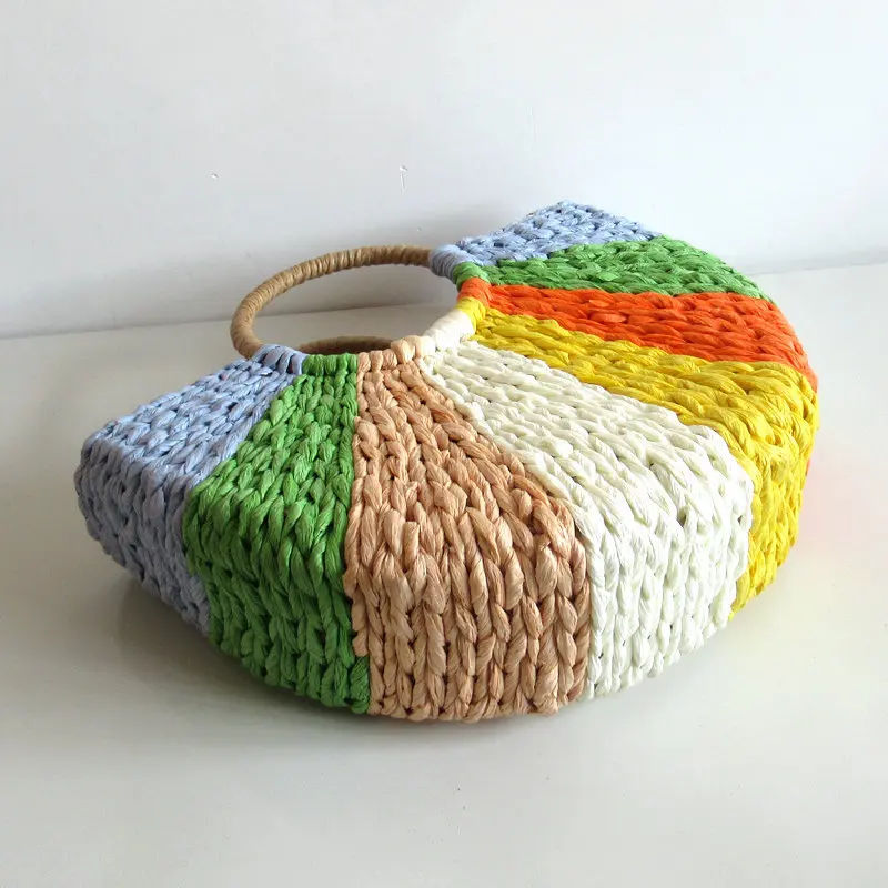 Borsa a cesto di paglia arcobaleno borse con manico rotondo borse in Rattan intrecciato di colore bohémien per le donne borsa da spiaggia da viaggio estiva Bali 2024 Tote