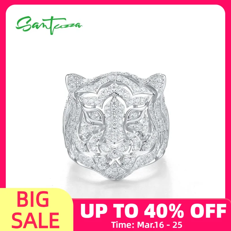 

SANTUZZA Genuine 925 Sterling Silver Neutral Ring For Women / Men Sparkling White Cubic Zirconia Cute Tiger Animal Fine Jewelry