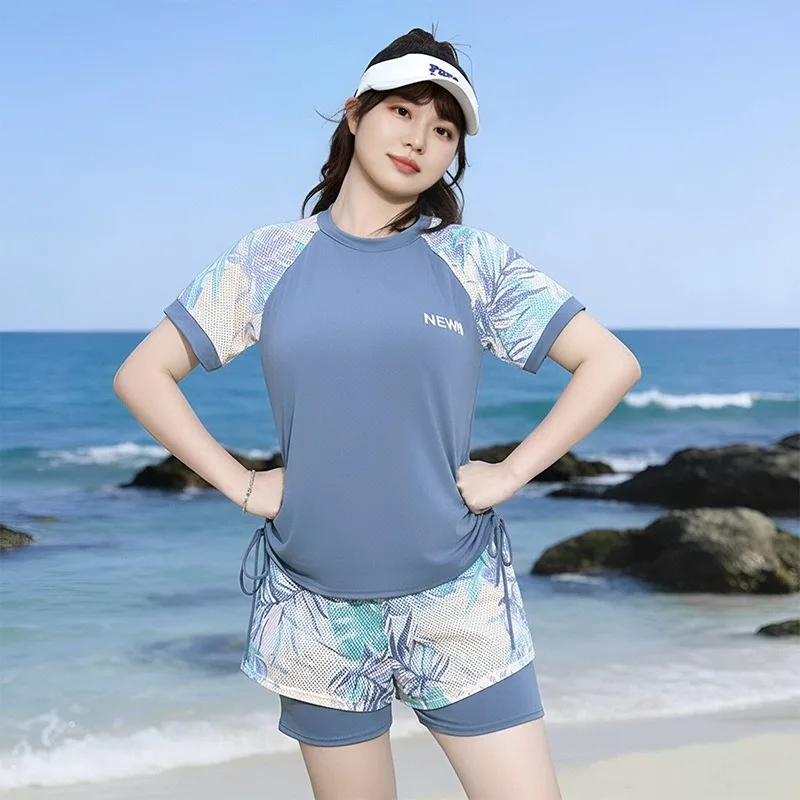 Tankini Set Tropical Print Raglan Short Sleeve Drawstring Side Top With Double Layer Shorts Sporty Beach Bathing Suit Swimwear