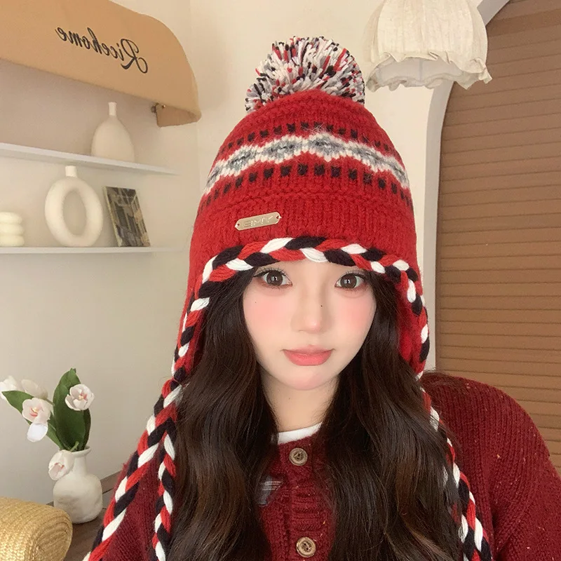 Fair Isle Knit Beanie Women Winter Fleece-Lined Warm Wool Hat Versatile Ear-Covering Beanie Soft