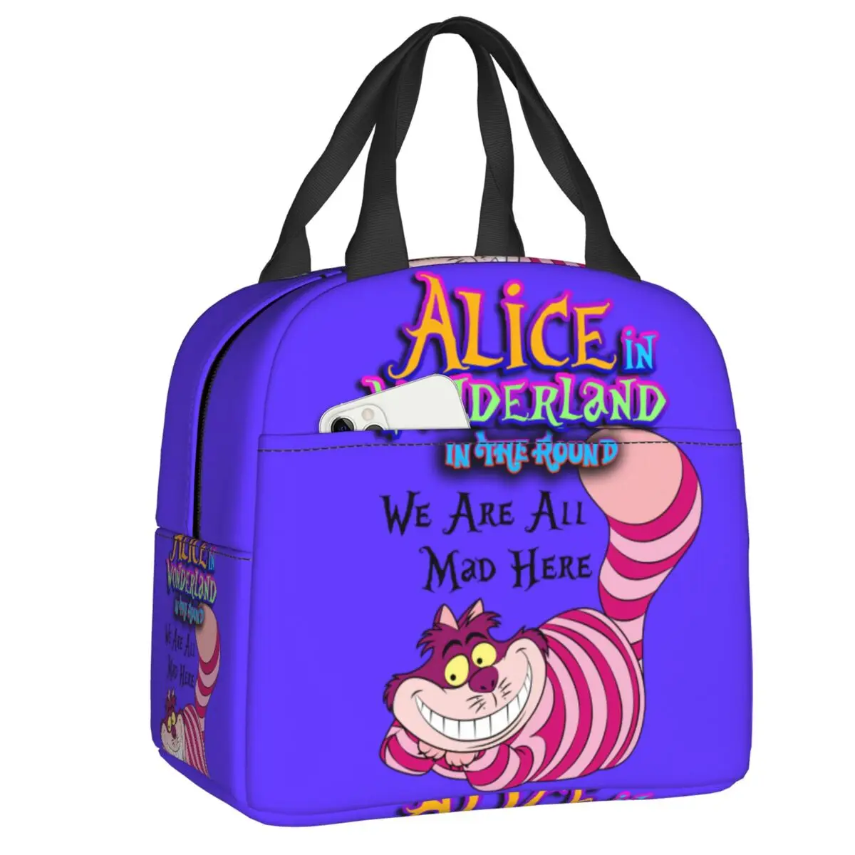 

Custom Alice In Wonderland Insulated Lunch Bag for Outdoor Picnic Cheshire Cat Resuable Cooler Thermal Lunch Box Women Children