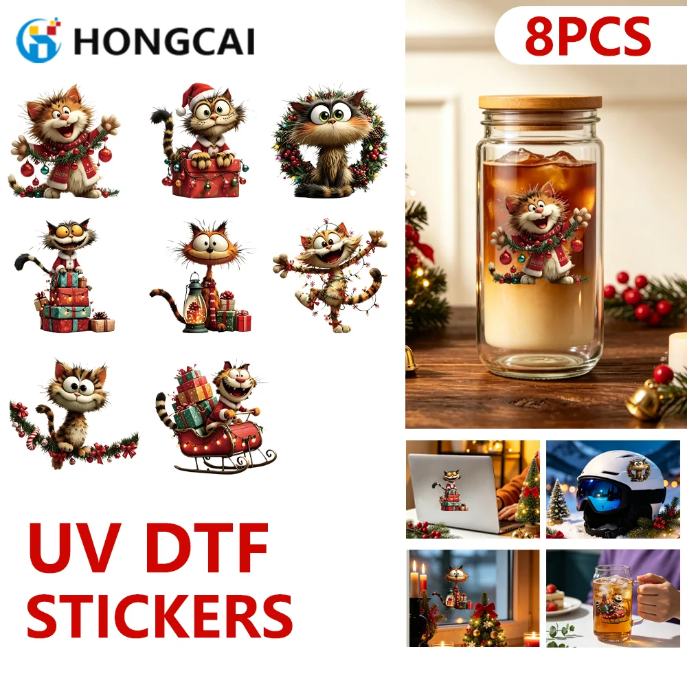 8PCS Cute Christmas Cat UV Crystal Labels, Waterproof Wear-Resistant, Rich Color  High Fidelity Decals for Water Bottles Helmets